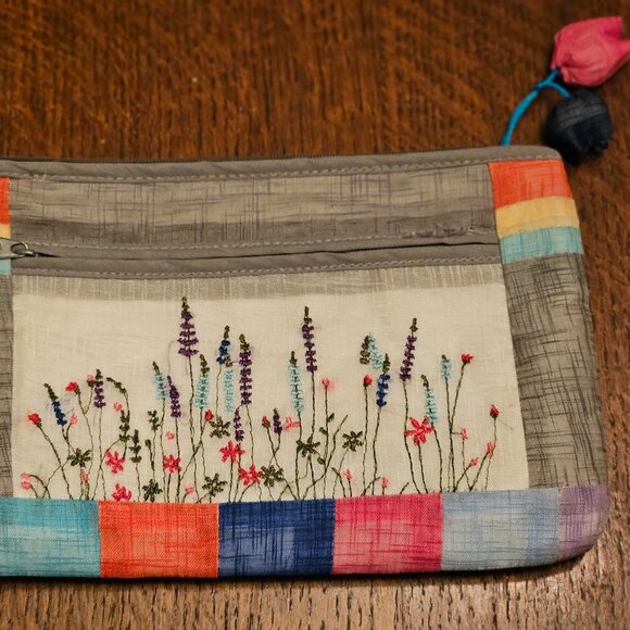 Antique Alive Handbags - Traditional Korean Embroidered Ramie Moshi Wildflower Makeup Bag. Hand Made.